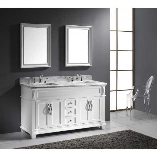 Victoria 60" Double Bath Vanity in White with White Marble Top and Square Sinks with Brushed Nickel Faucets and Matching Mirr