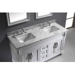 Victoria 60" Double Bath Vanity in White with White Marble Top and Square Sinks with Brushed Nickel Faucets and Matching Mirr