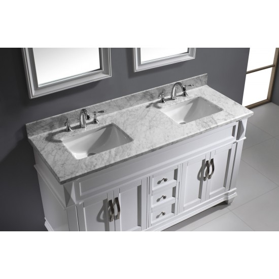 Victoria 60" Double Bath Vanity in White with White Marble Top and Square Sinks with Brushed Nickel Faucets and Matching Mirr