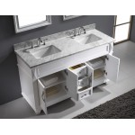 Victoria 60" Double Bath Vanity in White with White Marble Top and Square Sinks with Brushed Nickel Faucets and Matching Mirr