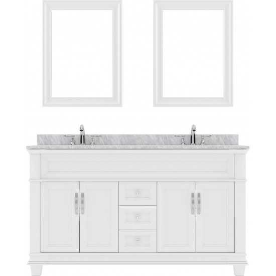 Victoria 60" Double Bath Vanity in White with White Marble Top and Square Sinks with Polished Chrome Faucets and Matching Mir