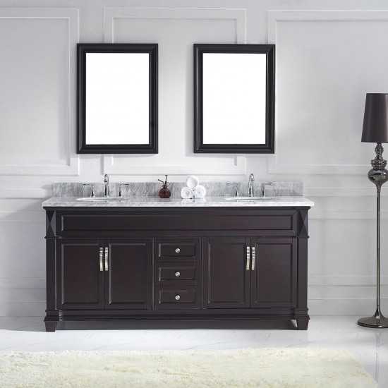 Victoria 72" Double Bath Vanity in Espresso with White Marble Top and Round Sinks and Matching Mirror