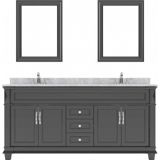 Victoria 72" Double Bath Vanity in Espresso with White Marble Top and Round Sinks with Polished Chrome Faucets and Mirror