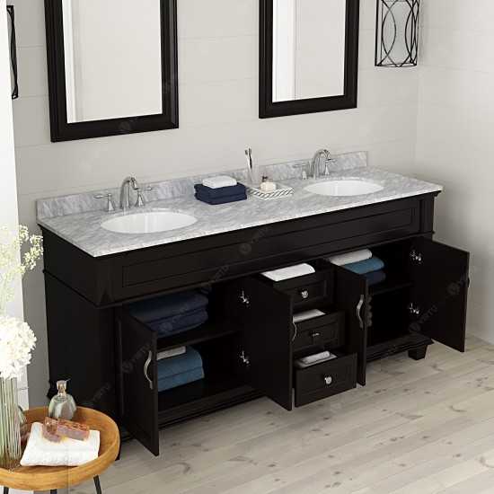 Victoria 72" Double Bath Vanity in Espresso with White Marble Top and Round Sinks with Polished Chrome Faucets and Mirror