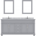 Victoria 72" Double Bath Vanity in Gray with White Marble Top and Round Sinks and Matching Mirror