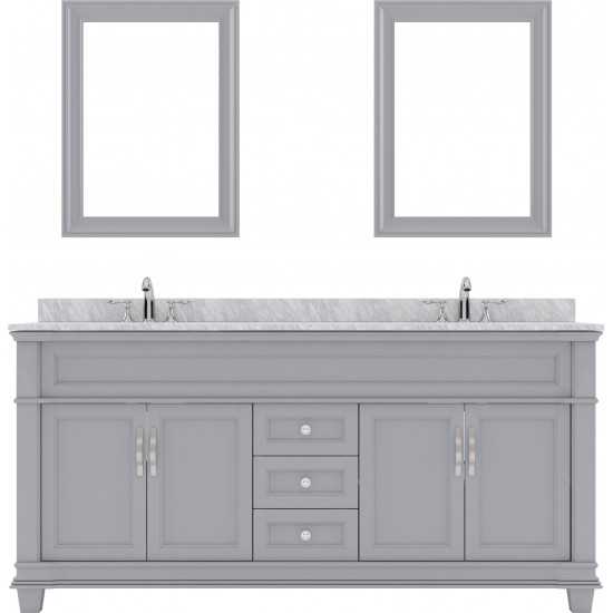 Victoria 72" Double Bath Vanity in Gray with White Marble Top and Round Sinks and Matching Mirror