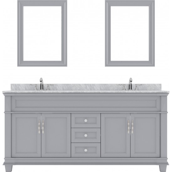 Victoria 72" Double Bath Vanity in Gray with White Marble Top and Round Sinks with Brushed Nickel Faucets and Matching Mirror