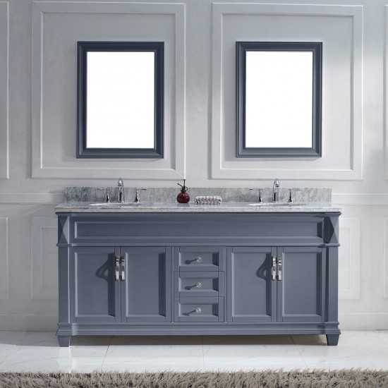 Victoria 72" Double Bath Vanity in Gray with White Marble Top and Round Sinks with Brushed Nickel Faucets and Matching Mirror