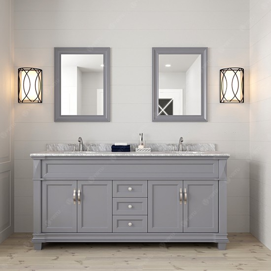 Victoria 72" Double Bath Vanity in Gray with White Marble Top and Round Sinks with Brushed Nickel Faucets and Matching Mirror