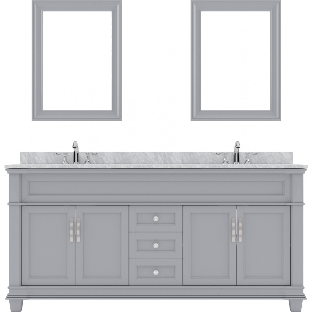 Victoria 72" Double Bath Vanity in Gray with White Marble Top and Round Sinks with Polished Chrome Faucets and Matching Mirro