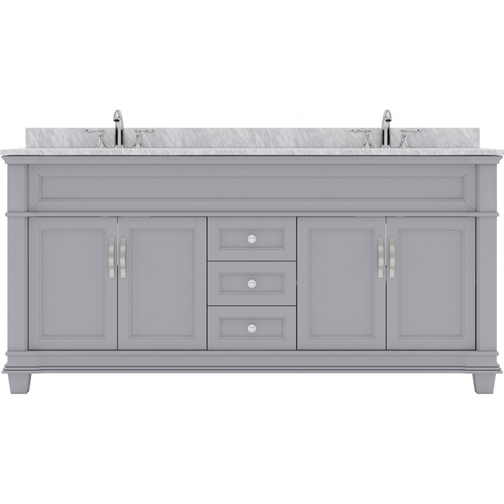 Victoria 72" Double Bath Vanity in Gray with White Marble Top and Round Sinks