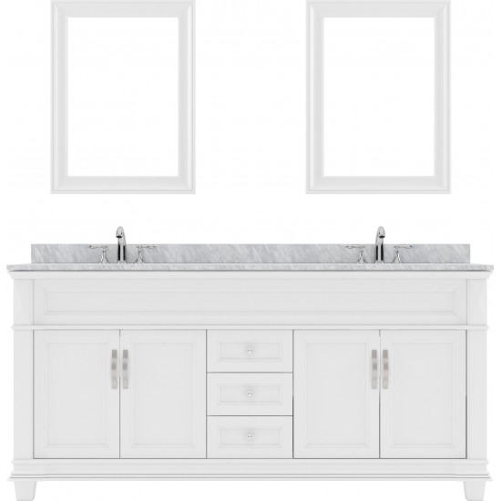 Victoria 72" Double Bath Vanity in White with White Marble Top and Round Sinks and Matching Mirror