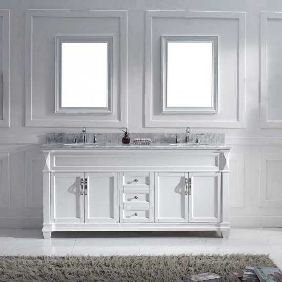 Victoria 72" Double Bath Vanity in White with White Marble Top and Round Sinks and Matching Mirror