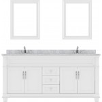 Victoria 72" Double Bath Vanity in White with White Marble Top and Round Sinks with Brushed Nickel Faucets and Matching Mirro