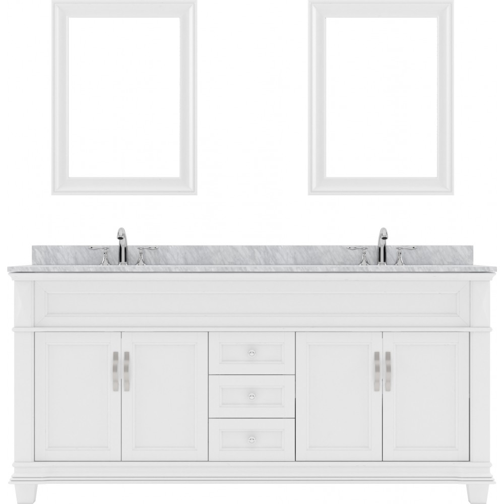 Victoria 72" Double Bath Vanity in White with White Marble Top and Round Sinks with Brushed Nickel Faucets and Matching Mirro