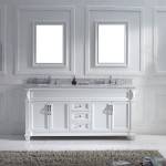 Victoria 72" Double Bath Vanity in White with White Marble Top and Round Sinks with Brushed Nickel Faucets and Matching Mirro