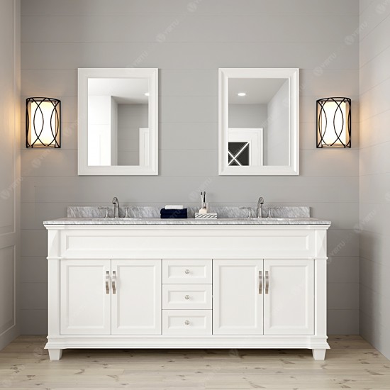 Victoria 72" Double Bath Vanity in White with White Marble Top and Round Sinks with Brushed Nickel Faucets and Matching Mirro