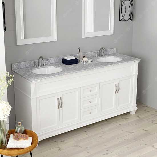 Victoria 72" Double Bath Vanity in White with White Marble Top and Round Sinks with Brushed Nickel Faucets and Matching Mirro