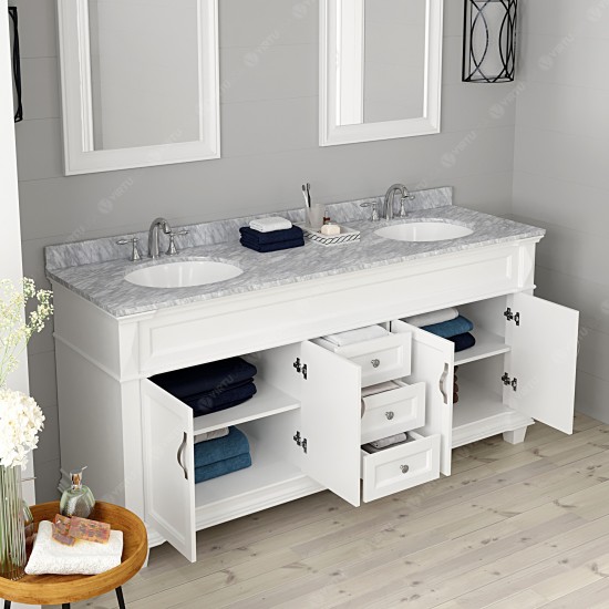 Victoria 72" Double Bath Vanity in White with White Marble Top and Round Sinks with Brushed Nickel Faucets and Matching Mirro