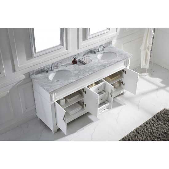 Victoria 72" Double Bath Vanity in White with White Marble Top and Round Sinks with Brushed Nickel Faucets and Matching Mirro