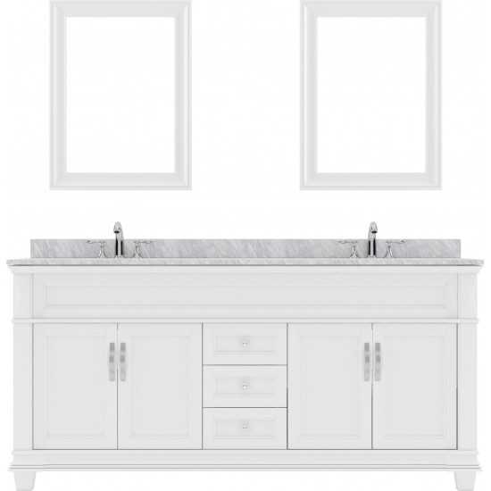 Victoria 72" Double Bath Vanity in White with White Marble Top and Round Sinks with Polished Chrome Faucets and Matching Mirr