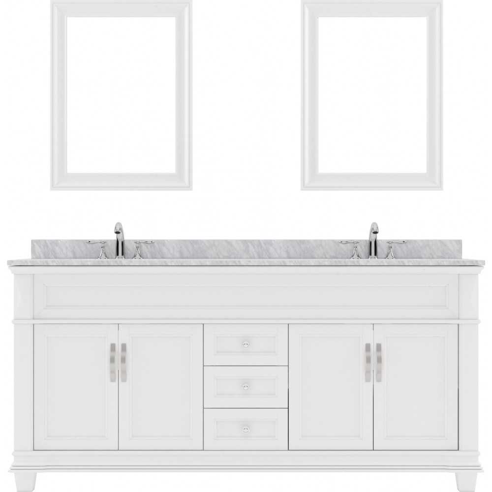 Victoria 72" Double Bath Vanity in White with White Marble Top and Round Sinks with Polished Chrome Faucets and Matching Mirr