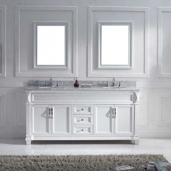 Victoria 72" Double Bath Vanity in White with White Marble Top and Round Sinks with Polished Chrome Faucets and Matching Mirr