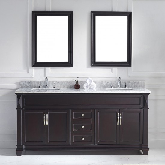 Victoria 72" Double Bath Vanity in Espresso with White Marble Top and Square Sinks and Matching Mirror