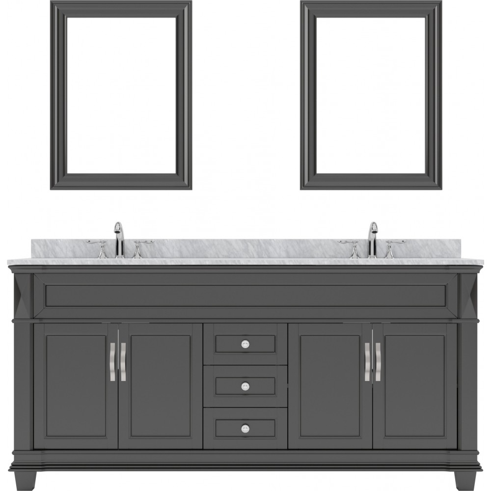 Victoria 72" Double Bath Vanity in Espresso with White Marble Top and Square Sinks with Polished Chrome Faucets and Mirror