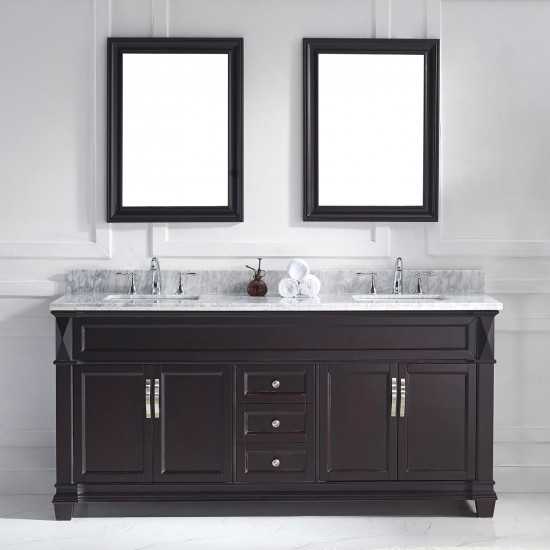 Victoria 72" Double Bath Vanity in Espresso with White Marble Top and Square Sinks with Polished Chrome Faucets and Mirror