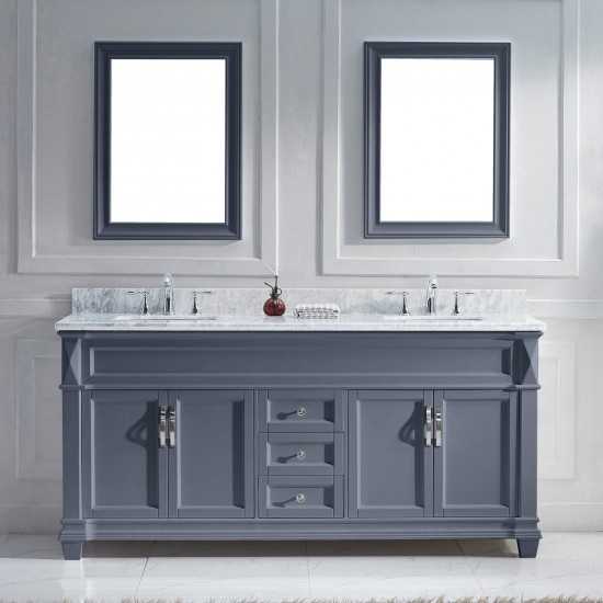 Victoria 72" Double Bath Vanity in Gray with White Marble Top and Square Sinks and Matching Mirror