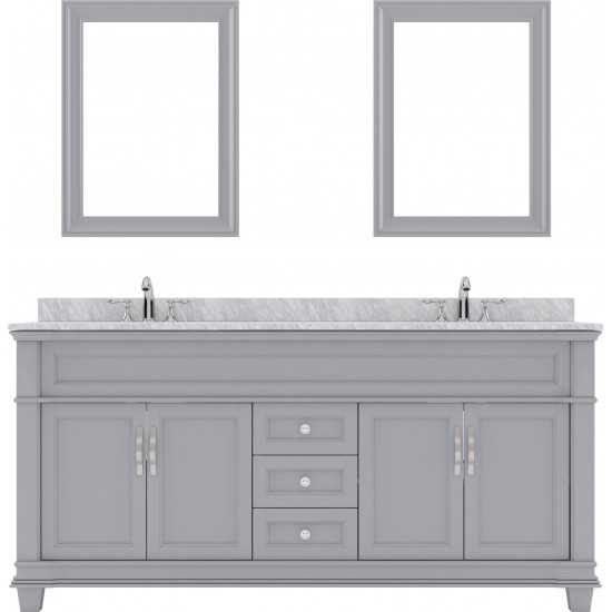 Victoria 72" Double Bath Vanity in Gray with White Marble Top and Square Sinks with Brushed Nickel Faucets and Matching Mirro