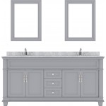 Victoria 72" Double Bath Vanity in Gray with White Marble Top and Square Sinks with Polished Chrome Faucets and Matching Mirr