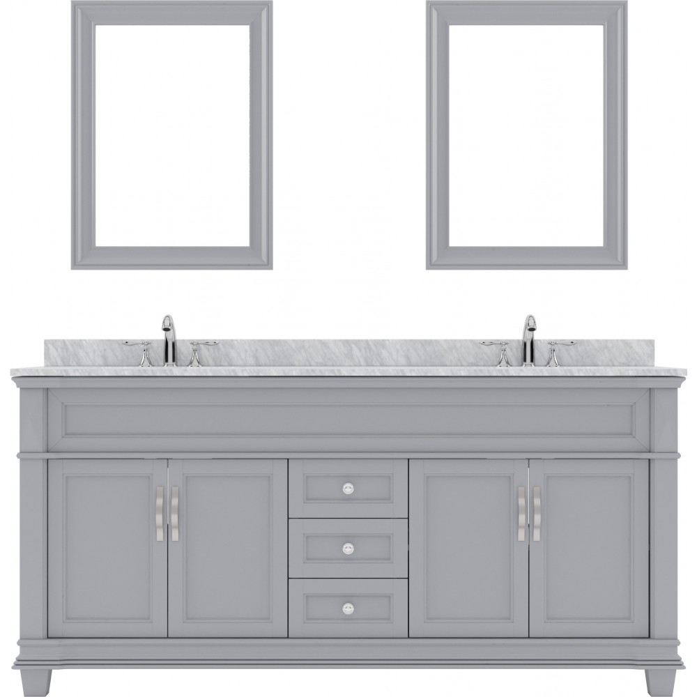 Victoria 72" Double Bath Vanity in Gray with White Marble Top and Square Sinks with Polished Chrome Faucets and Matching Mirr
