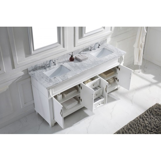 Victoria 72" Double Bath Vanity in White with White Marble Top and Square Sinks and Matching Mirror