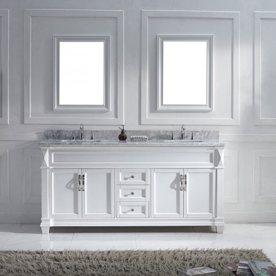 Victoria 72" Double Bath Vanity in White with White Marble Top and Square Sinks with Brushed Nickel Faucets and Matching Mirr