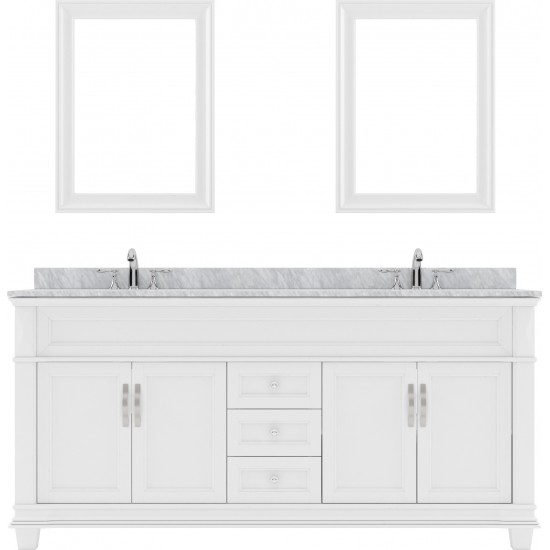 Victoria 72" Double Bath Vanity in White with White Marble Top and Square Sinks with Polished Chrome Faucets and Matching Mir