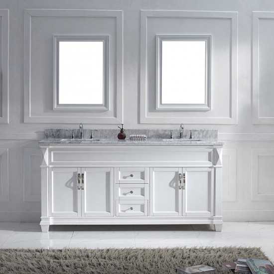 Victoria 72" Double Bath Vanity in White with White Marble Top and Square Sinks with Polished Chrome Faucets and Matching Mir
