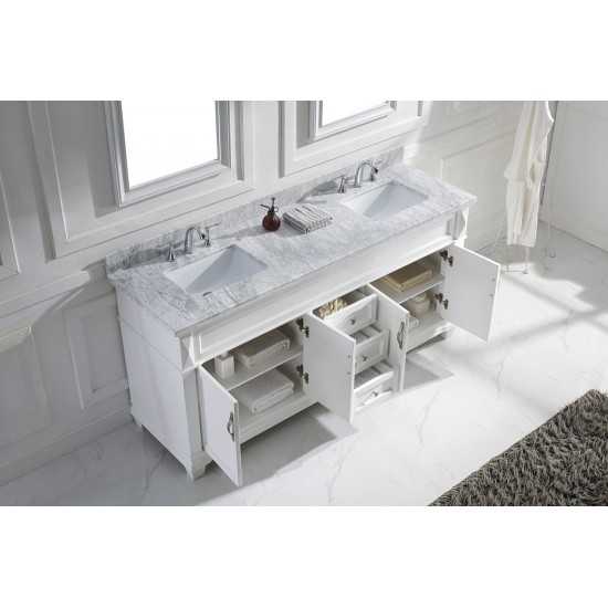 Victoria 72" Double Bath Vanity in White with White Marble Top and Square Sinks with Polished Chrome Faucets and Matching Mir