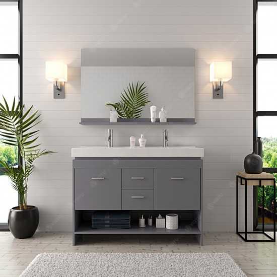 Gloria 48" Double Bath Vanity in Gray and Square Sinks with Brushed Nickel Faucets and Matching Mirror