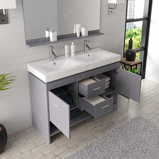 Gloria 48" Double Bath Vanity in Gray and Square Sinks with Brushed Nickel Faucets and Matching Mirror