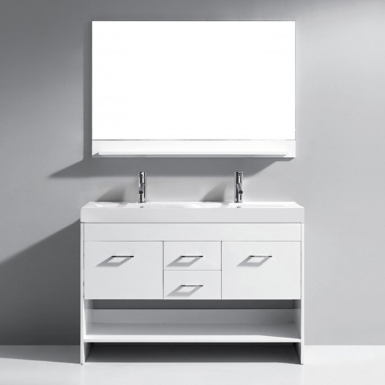 Gloria 48" Double Bath Vanity in White and Square Sinks with Brushed Nickel Faucets and Matching Mirror