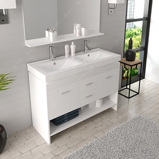 Gloria 48" Double Bath Vanity in White and Square Sinks with Brushed Nickel Faucets and Matching Mirror