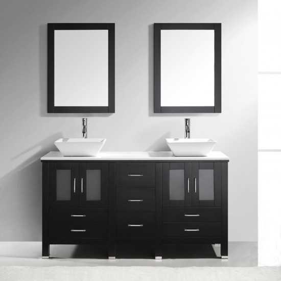 Bradford 60" Double Bath Vanity in Espresso with White Engineered Stone Top and Matching Mirror