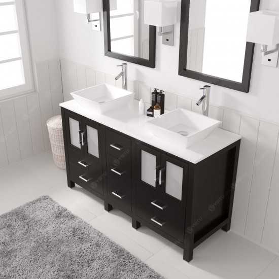 Bradford 60" Double Bath Vanity in Espresso with White Engineered Stone Top and Matching Mirror