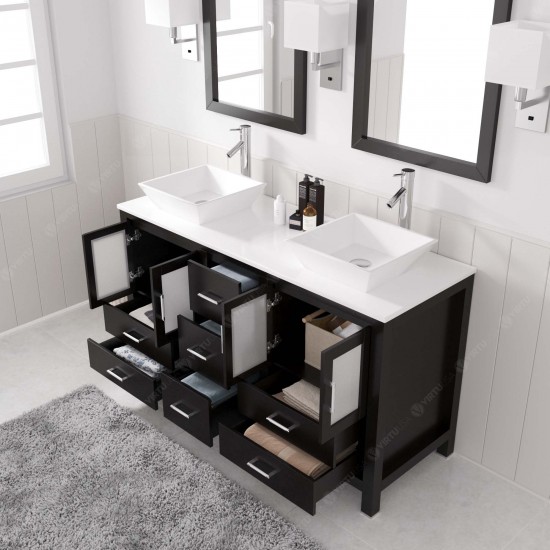 Bradford 60" Double Bath Vanity in Espresso with White Engineered Stone Top and Matching Mirror