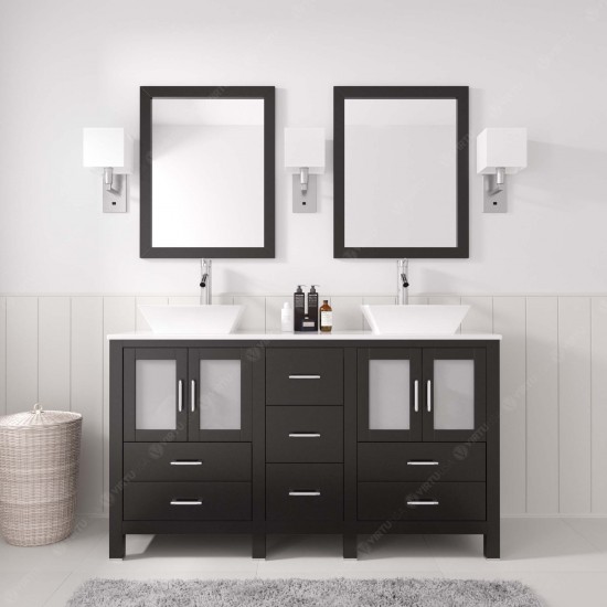 Bradford 60" Double Bath Vanity in Espresso with White Engineered Stone Top with Brushed Nickel Faucets and Matching Mirror