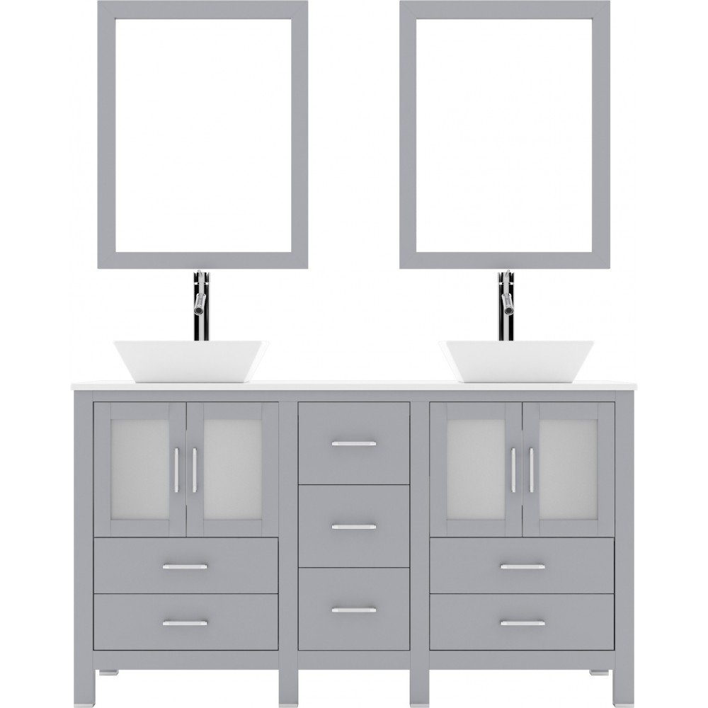 Bradford 60" Double Bath Vanity in Gray with White Engineered Stone Top and Matching Mirror