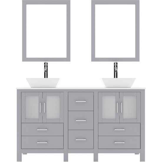 Bradford 60" Double Bath Vanity in Gray with White Engineered Stone Top with Brushed Nickel Faucets and Matching Mirror