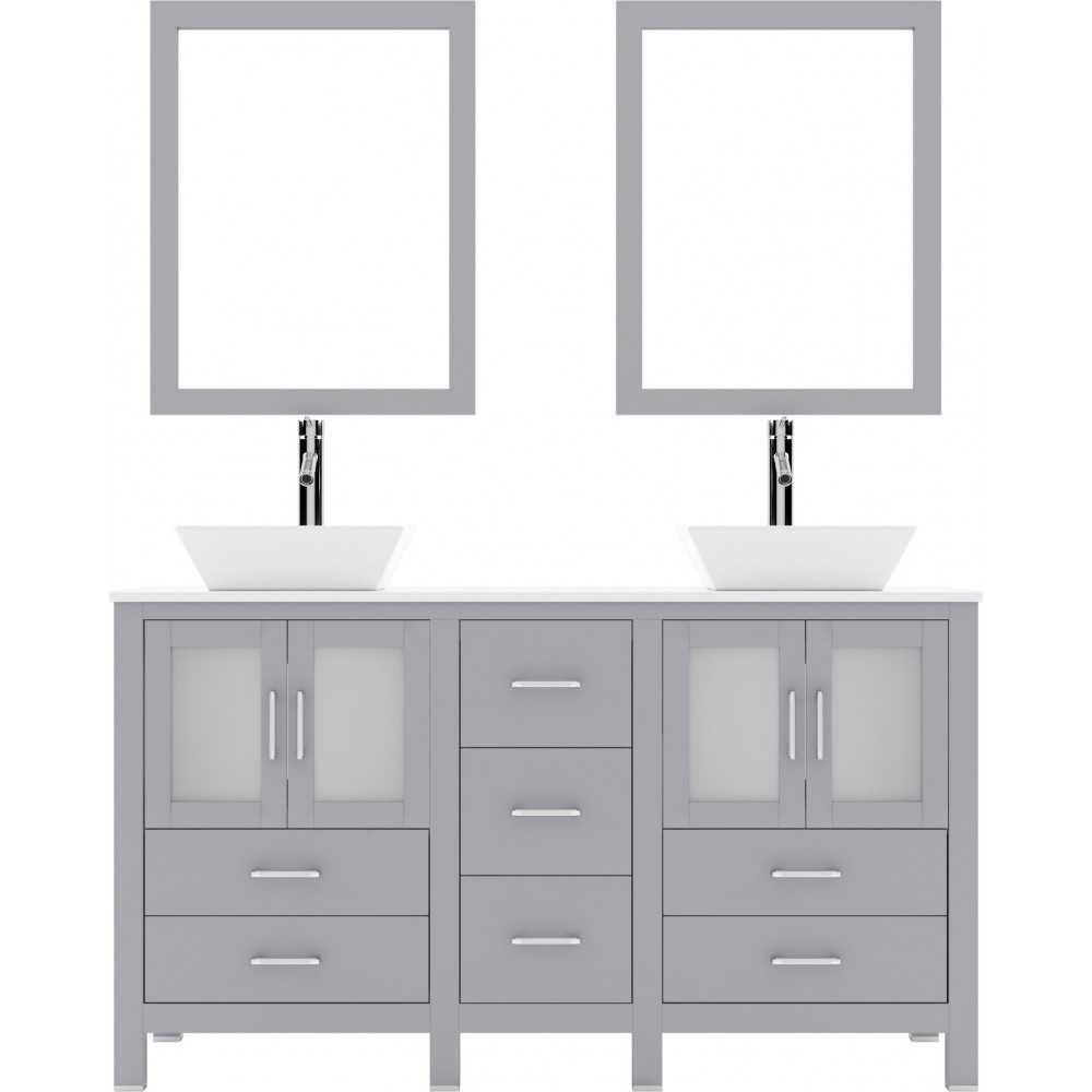 Bradford 60" Double Bath Vanity in Gray with White Engineered Stone Top with Brushed Nickel Faucets and Matching Mirror